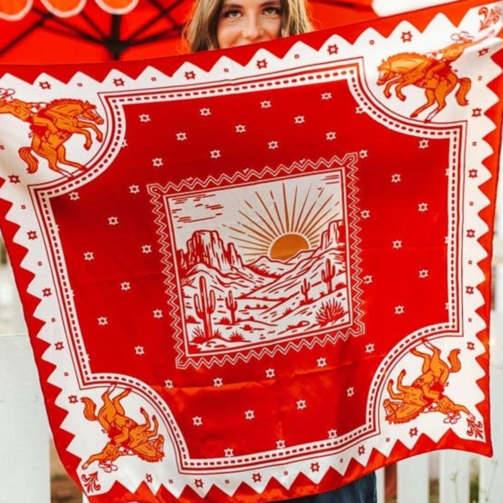 Red Cattle Brand, Horse & Desert Double-Sided Wild Rag — Western Scarf